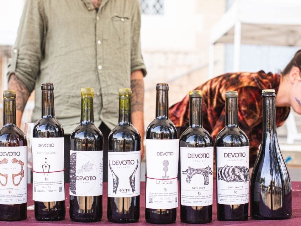 Tipos de vino. Colección de vinos Devotio en una mesa al aire libre en el Alto Túria, con botellas de variedades como Equites, Terra y Salvaxe, rodeadas de naturaleza y detalles artesanales