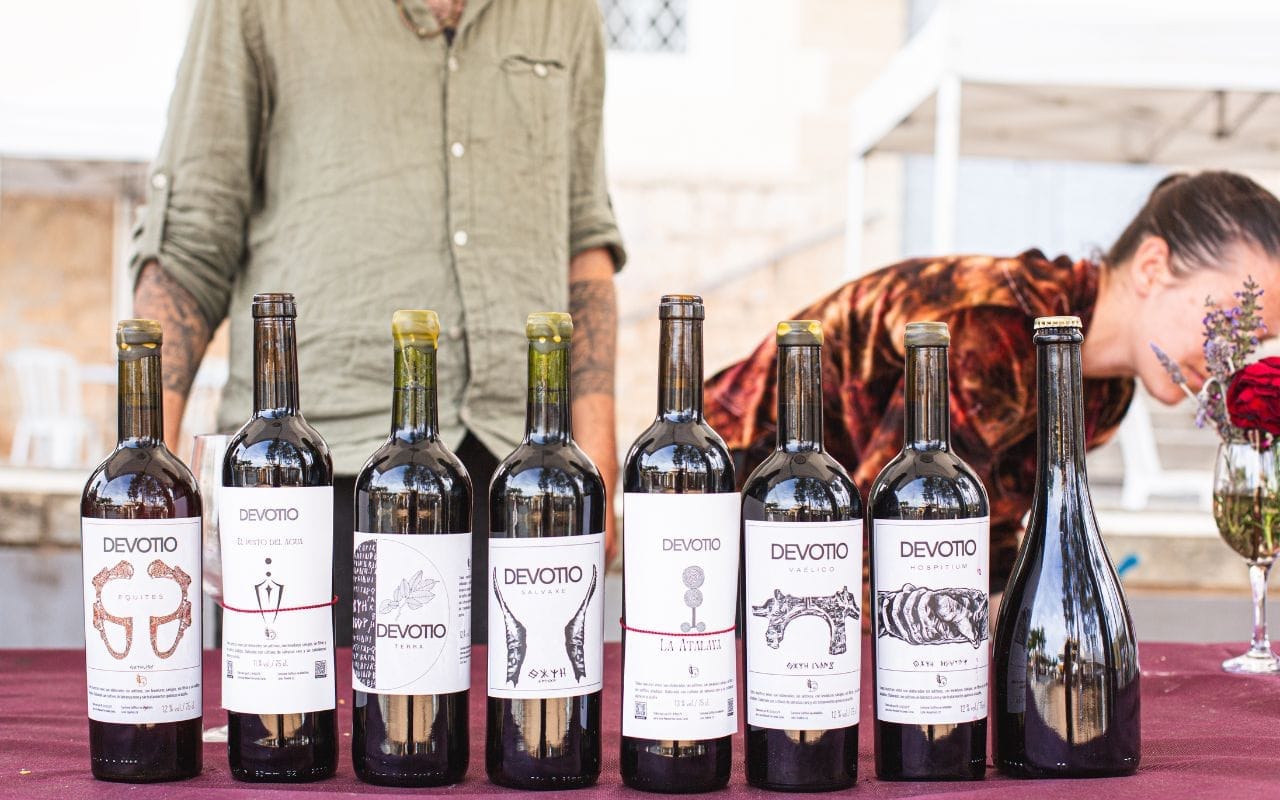 Tipos de vino. Colección de vinos Devotio en una mesa al aire libre en el Alto Túria, con botellas de variedades como Equites, Terra y Salvaxe, rodeadas de naturaleza y detalles artesanales